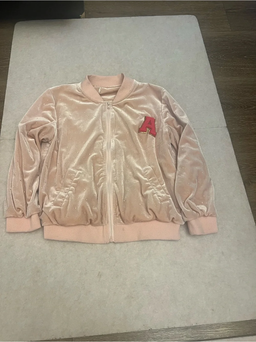 Doe A Dear Girls Blush Pink Velvet Bomber Jacket Size 6 Varsity A Patch